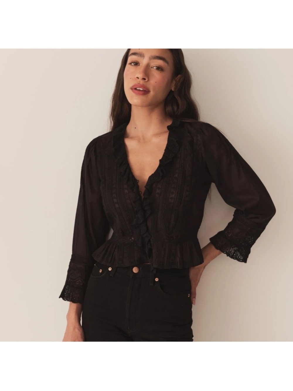 Doen Eldoris Ruffle Lace Button Blouse Black Cotton Size Large EUC